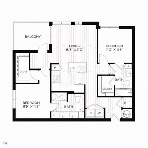 Floor plan for 2 beds, 2 baths, 1094 sqft